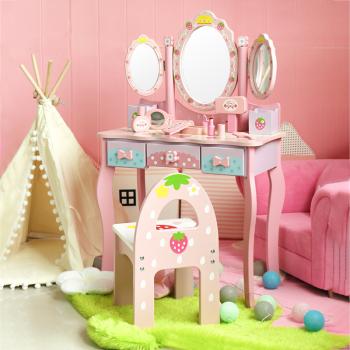 360Home Rosa Erdbeer Kinderschminktisch Kinderfrisiertisch mit Drei Spiegeln L
